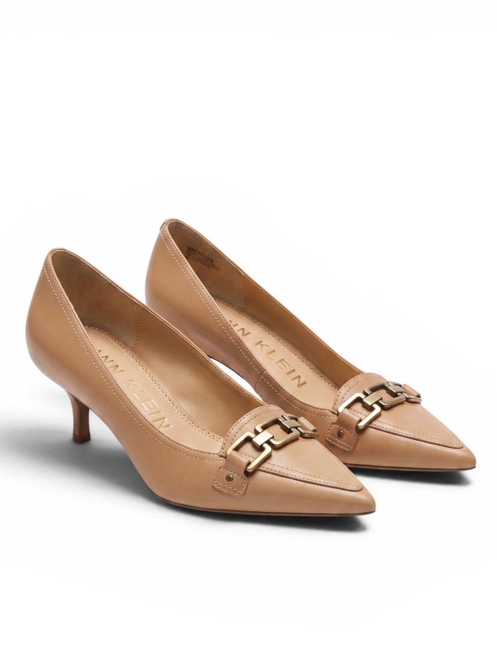 Anne Klein Tan Neutral Leather Pointed Kitten Heel Pumps with Chain Accent